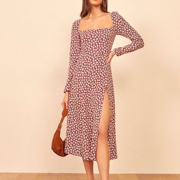 

casual dresses vintage floral print boho dress 2021 elegant spring summer square neck long sleeve women high slit female midi, Black;gray