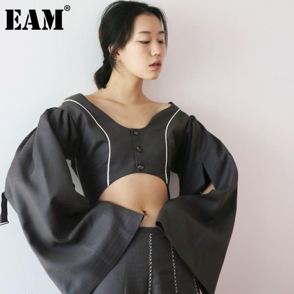 

[eam] 2021 spring summer v-collar long flare sleeve plaid hollow out short jacket women coatfashion tide ji329 women's jackets, Black;brown
