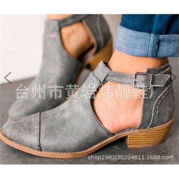 

large bare boots thick heel short hollow buckle women's leather, Black
