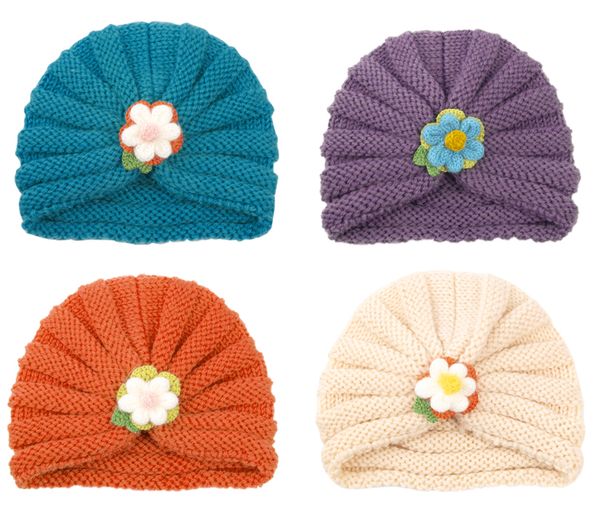 2021 Novo Turbante De Malha Turbante Meninas Meninos Outono Inverno Quente Malha Gorros Bonés Para Crianças Flor Cap Chapéu Kids Headband