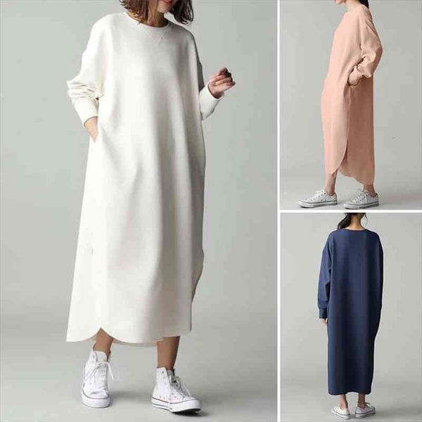 

autumn pocket sweatshirt round neck women dresses long sleeves vestidos casual side fork irregular robe, Black;gray