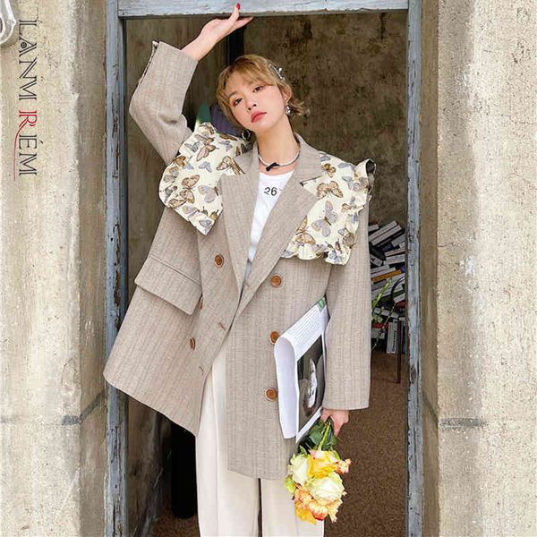 

women khaki double breasted print shawl blazer notched long sleeve loose fit jacket fashion tide spring autumn 210507, White;black