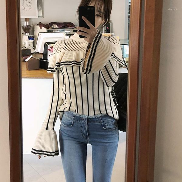 

ruffled striped flare sleeve chic shirt spring eleganbt fashion termperament retro elegant streetwear women's blouses & shirts, White