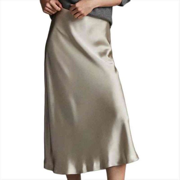 

2022 spring summer mid-calf womens skirt long soft smooth silk satin office lady high waist glossy silver black party