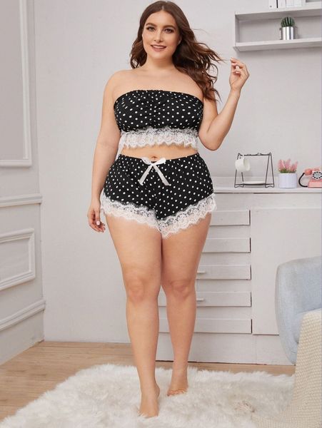 

plus polka dot lace trim bandeau lingerie set e8vr#, Black;white
