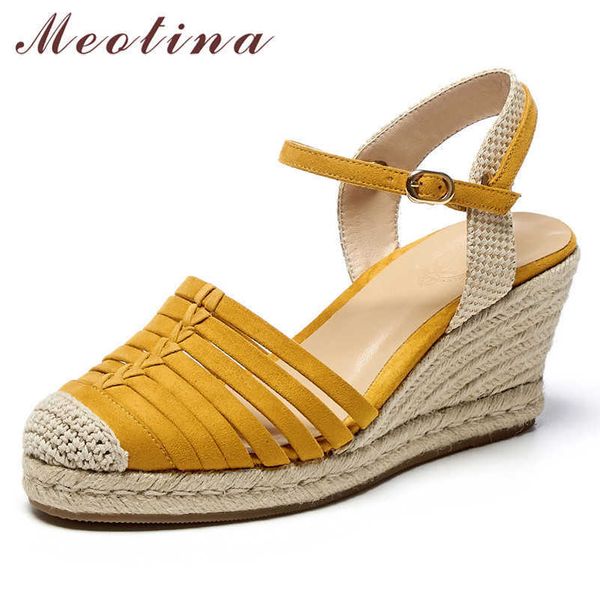 

meotina espadrille wedge high heels shoes slingbacks pumps women kid suede round toe shoes lady summer party footwear yellow 210608, Black