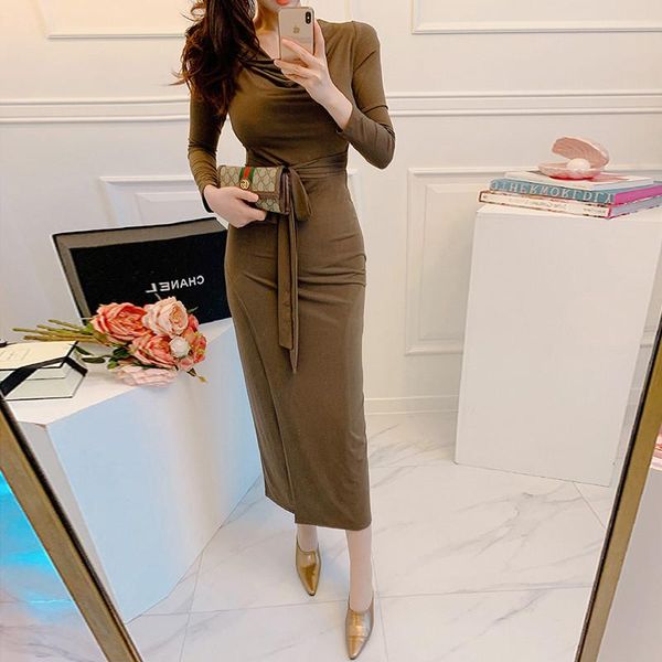 

casual dresses winter long midi formal party dress lace-up v-neck sleeve knitting slim pencil autumn spring, Black;gray