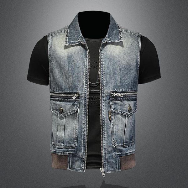

men's jackets 2021 spring autumn pure color lapel zipper slim retro sleeveless denim waistcoat, Black;brown