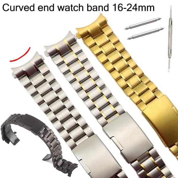 

watch bands curved end solid replacement watchband 16 18 20 22 24mm stainless steel wrist bracelet strap band fold buckle with tool, Black;brown