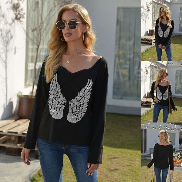 

2021 women's spring new wing drill long sleeve t-shirt for women, Black;gray