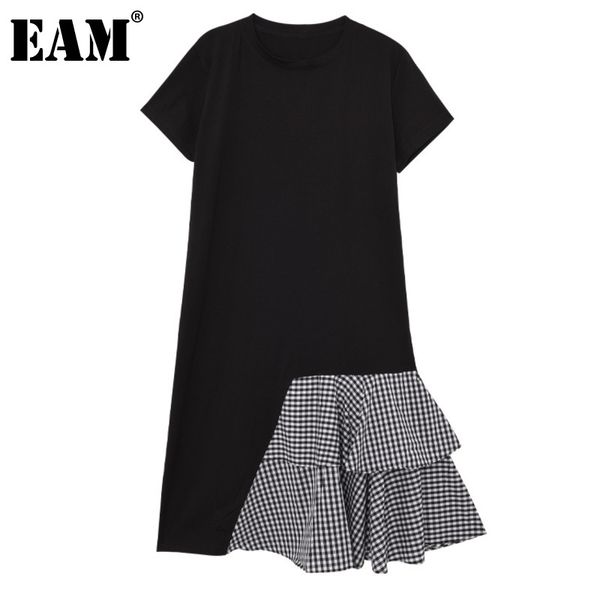 

[eam] women black plaid spliced ruffles dress round neck short sleeve loose fit fashion spring summer 1dd6904 21512, Black;gray