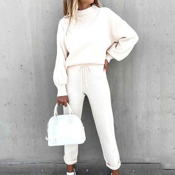 

women's two piece pants women solid sets casual long sleeve high waisted bandage female autumn winter plus size tracksuit suit, White