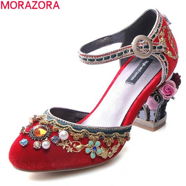 

dress shoes morazora 2021 brand fashion wedding thick heels round toe ethnic ladies red color summer women pumps, Black