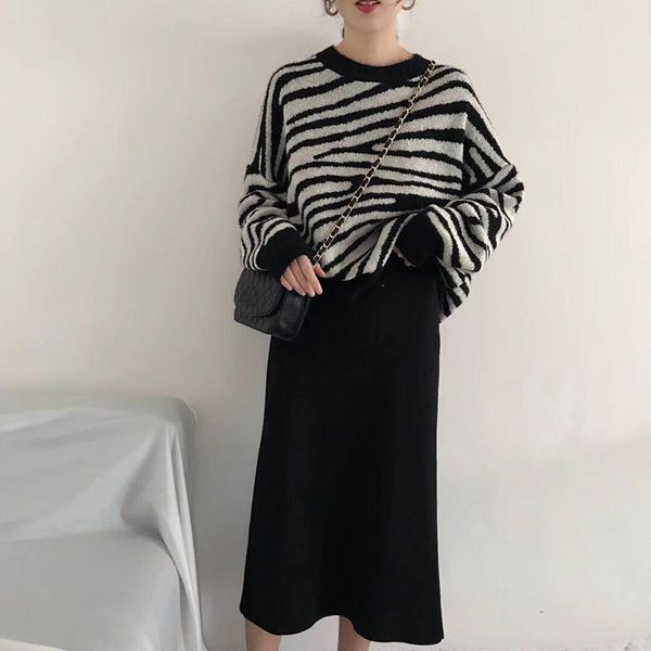

autumn winter oversized sweater korean women loose pullovers striped batwing sleeve womens leopard print vintage 210514, White;black