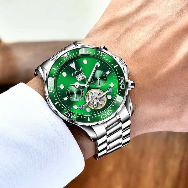 LIGE Orologi da uomo di lusso Orologio automatico da uomo Orologio da polso impermeabile da uomo Acciaio inossidabile Automatico Meccanico Relogio Masculino + Scatola Q0902