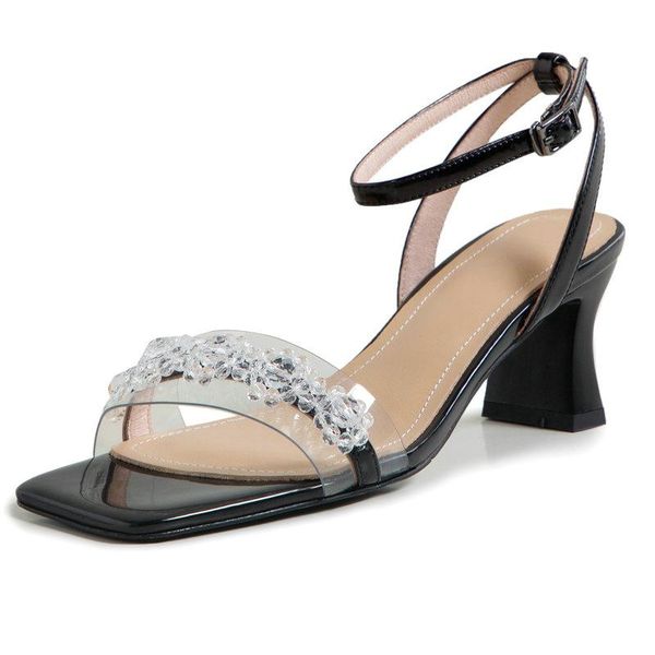 

dress shoes fashion women sandals rhinestone genuine leather thick high heels pumps for 2021 summer est wedding woman, Black