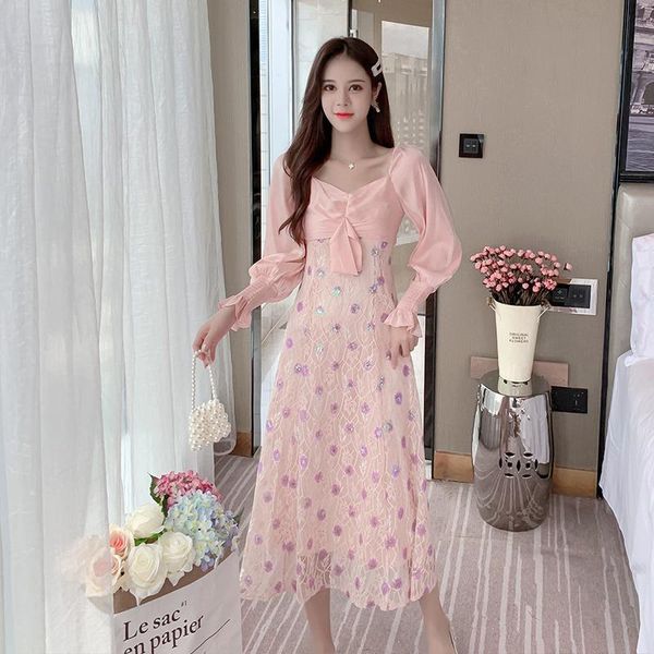 

casual dresses spring 2021 ladies long-sleeved square collar lace stitching slimming mid-length dress women, Black;gray