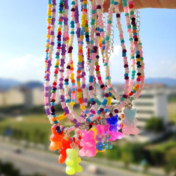 

chains cute candy bear colorful rice beads necklaces for women girls cartoon handmade seed clavicle chokers fashion jewelry, Silver