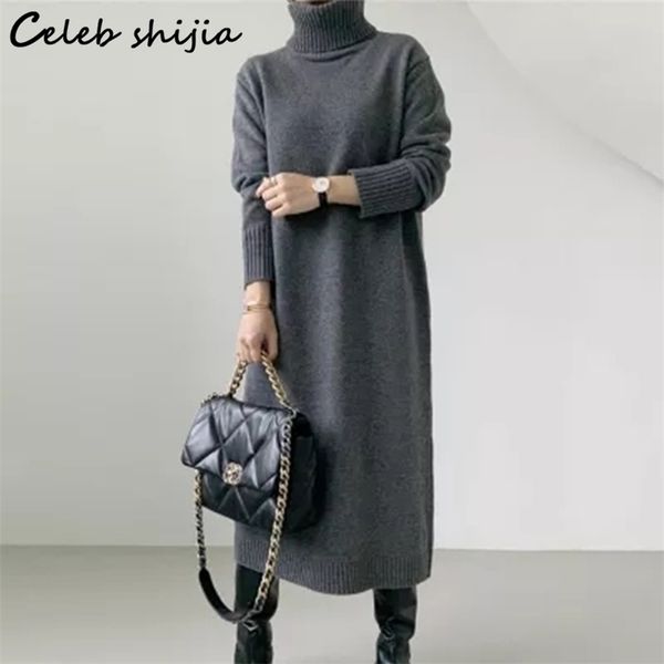 

korean fashion woolen dres winter turtleneck elegant gray long sleeve knitting solid autumn sweater clothing 211220, Black;gray