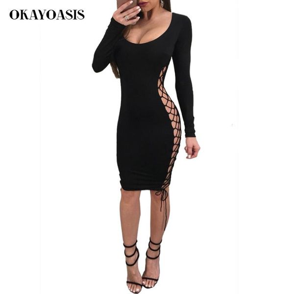 

casual dresses okayoasis drop 2021 women lace up bandage dress long sleeve hollow out autumn club, Black;gray
