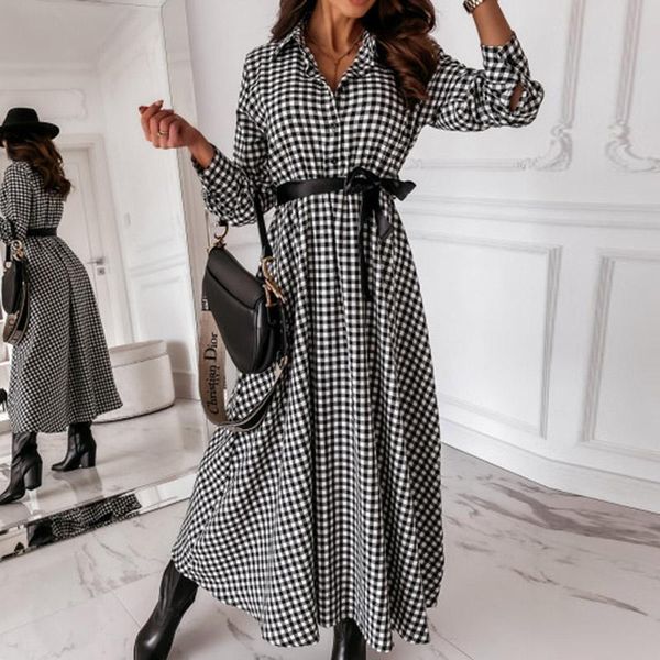 

casual dresses autumn women elegant turn-down collar party long dress winter vintage plaid button lady elastic waist mujer, Black;gray