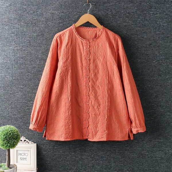 

women's blouses & shirts spring sweet small fresh round neck embroidery lace stitching cardigan long sleeve loose cotton and linen blou, White