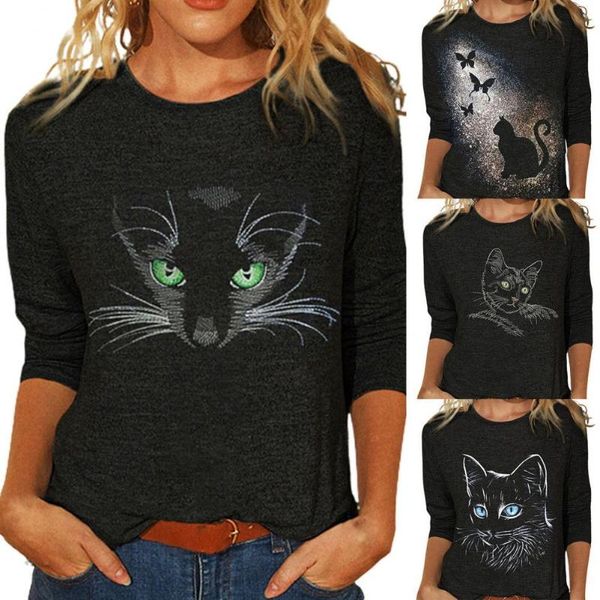 

women's t-shirt 2021 spring casual cute cats women autumn long sleeve round neck butterfly print, White