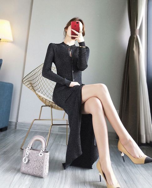 

dress sweater early spring fashion women pocket patchwork long sleeve casual cardigan dress knitwear, Black;gray