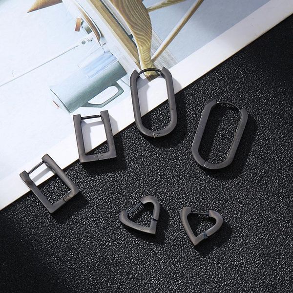 

hoop & huggie simple punk black frosted titanium steel earrings for men minimalist square triangle geometric hip earring jewelry, Golden;silver