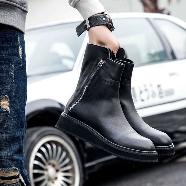 

new men's boots leather middle martin british and korean short cotton, Black