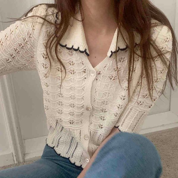 Koreanische Chic Hohl Häkeln Sommer Pullover Frauen Strickjacken V-ausschnitt Kurzarm Strickjacke Pull Femme Vintage Tops 14163 210510
