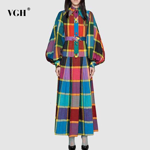 Hit Color Plaid Dress For Women Risvolto Lanterna Manica lunga Vita alta con telai Abiti vintage Abbigliamento moda femminile 210531