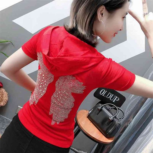 

summer casual hooded t-shirt fashion diamond short sleeve v-neck women t shirt plus size -3xl 210507, White