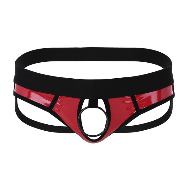 

mens lingerie faux leather open back and hollow out jockstrap male underwear bikini g-string underpants with metal o-ring, Black;white