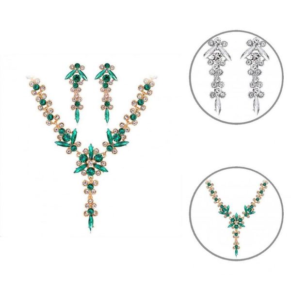 

earrings & necklace comfy lightweight adjustable green rhinestone for cosplay, Silver