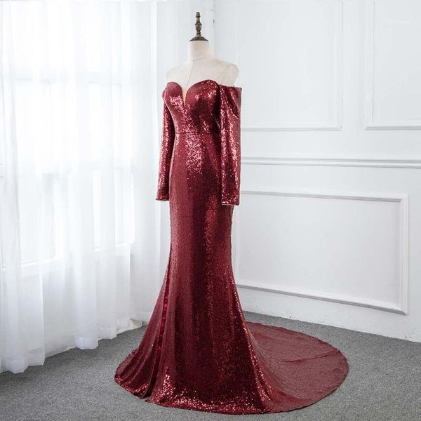 

wine red sequins long prom dresses off the shoulder full sleeve mermaid formal party dress real pos1, White;black