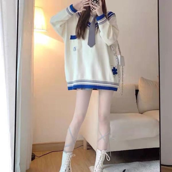 

women's sweaters 2021 autumn and winter salt sweet wear academic v-neck knitted shirt fake two loose neck sweater, White;black