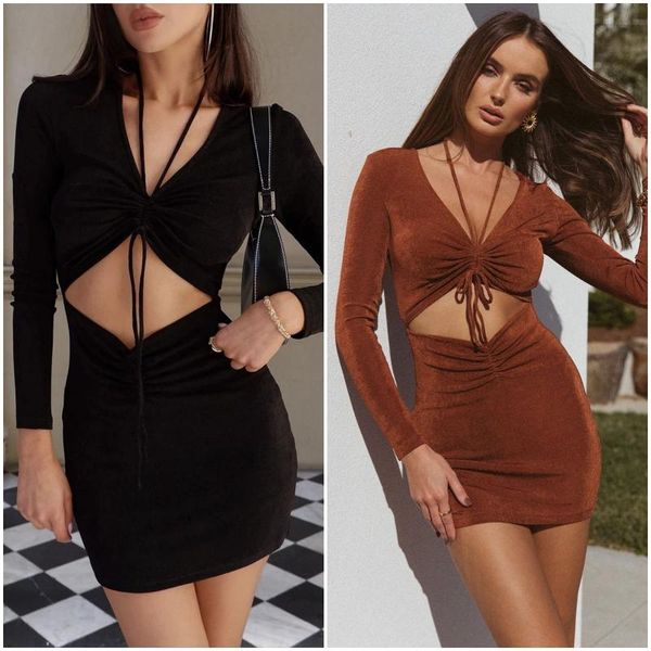 

casual dresses skmy 2021 autumn and winter club outfits for women lace-up high waist solid color long sleeve hollow out pleated dress, Black;gray