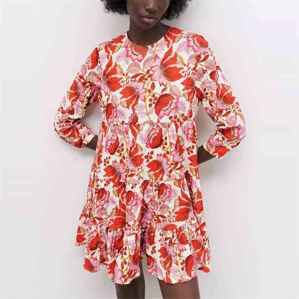 

vintage flower print mini dress women long sleeve ruffle hem pleated summer es female chic back opening red 210524, Black;gray
