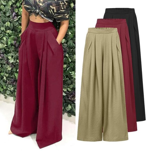 

wide leg autumn high waist womens pant pleated trouser casual loose pockets elegant palazzo plus size pantalon femme, Black;white