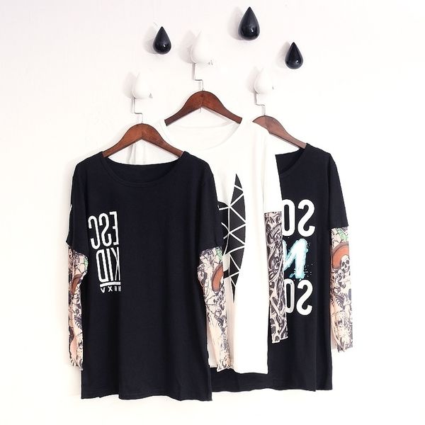 

son ins floral father arm long sleeve splicing youth men's tattoo t-shirt fashion