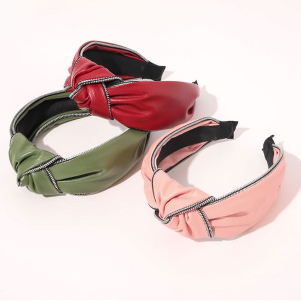 

wide brimmed leather headband knotted hairband head hoop zipper turban head wrap women bow headwear hair accessories, Silver