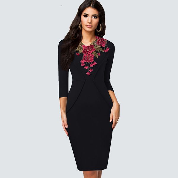 

dresses women stylish vintage applique embroidery elegant crochet work office business sheath slim bodycon pencil ladies es hb330, Black;gray
