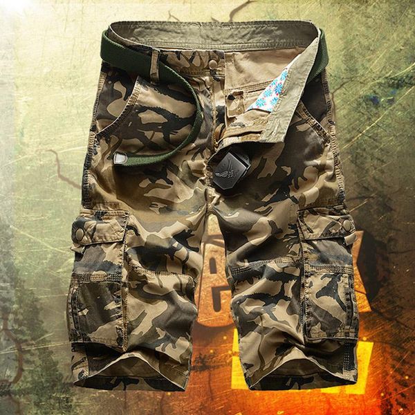 

men's shorts 2021 summer men camouflage tactical cargo male multi-pocket workout loose short pantscottom khaki plus size, White;black