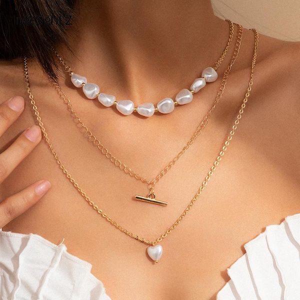 

chains ingesight.z multi layered metal strips love heart pendant necklace punk imitation pearl chain choker necklaces for women jewelry, Silver