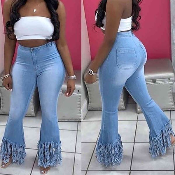 

jean tassel denim pants women jeans wide leg trousers lady casual bell-bottoms flare pant female, Blue