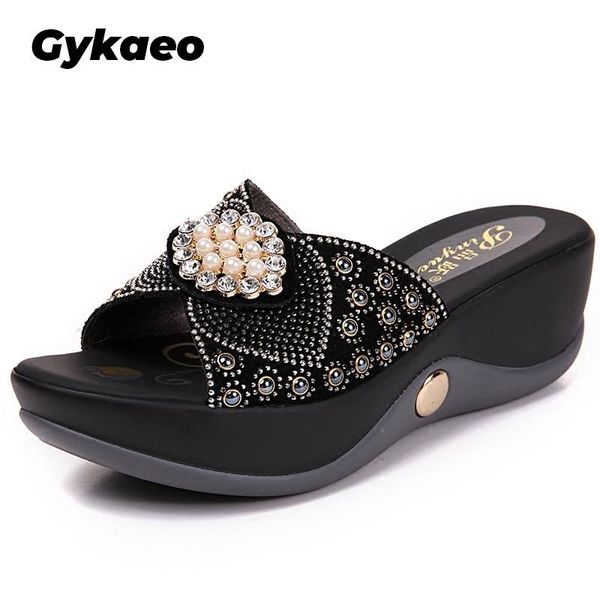 

slippers peep toe women gladiator heels shoes thick woman summer soft comfortable geuine leather slipper, Black