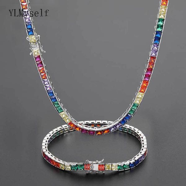 

chains 4mm square rainbow zircon tennis chain, 16-24 inch necklace & 7-9 bracelet by rhodium/gold plated men/women hip hop jewelry, Silver
