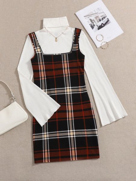 

turtleneck trumpet sleeve lettuce trim tee & plaid overall dress y94w#, White
