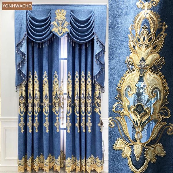 

curtain & drapes custom high class european study hollow chenille embroidered blue cloth blackout valance tulle drapery c770